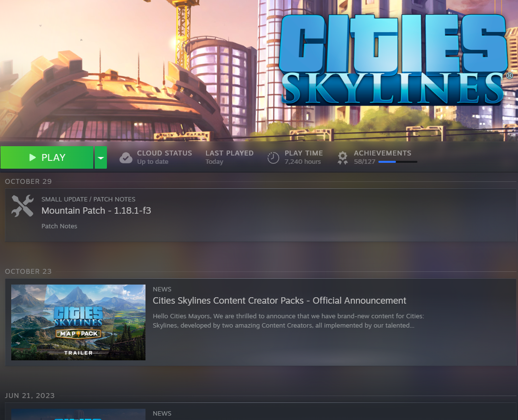 Steam screenshot showing that the original Cities Skylines game, not the sequel, has DLC announced as of October 23 2024