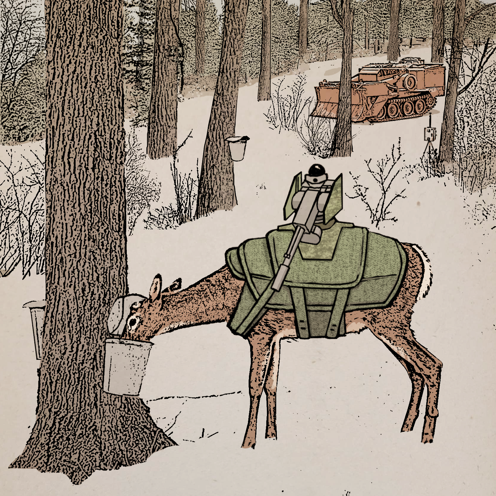 A late winter/early spring scene, of a deer drinking from a maple sap bucket in the early morning. The deer is wearing a sort of green kevlar body armor, and has a robotic gun turret perched on his back. He's recently dropped his antlers (which is normal in this season). The deer and robot are in a somewhat open section of the forest, with snow on the ground. In the background, an old M9 Armored Combat Earthmover is parked, rusting, covered with a fine dusting of snow. There's also an old dusttrak environmental air monitors on a tripod next to a tree. 