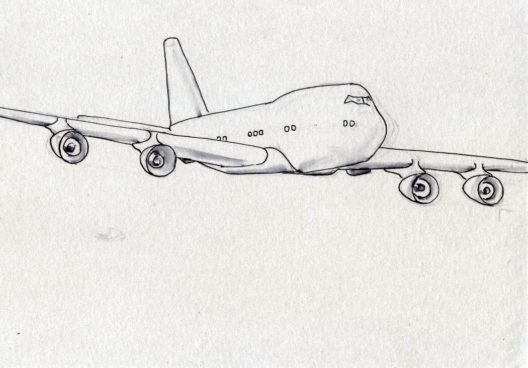 a boeing 747 with badly drawn engines