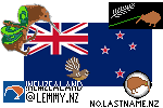 image of new zealand flag, with kiwi, lazerkiwi flag, fantail, and references to !newzealand and no.lastname.nz