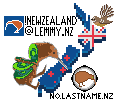 Map of NZ coloured like NZ flag, with with kiwi sliced to reveal kiwifruit, fantail, and references to !newzealand and no.lastname.nz
