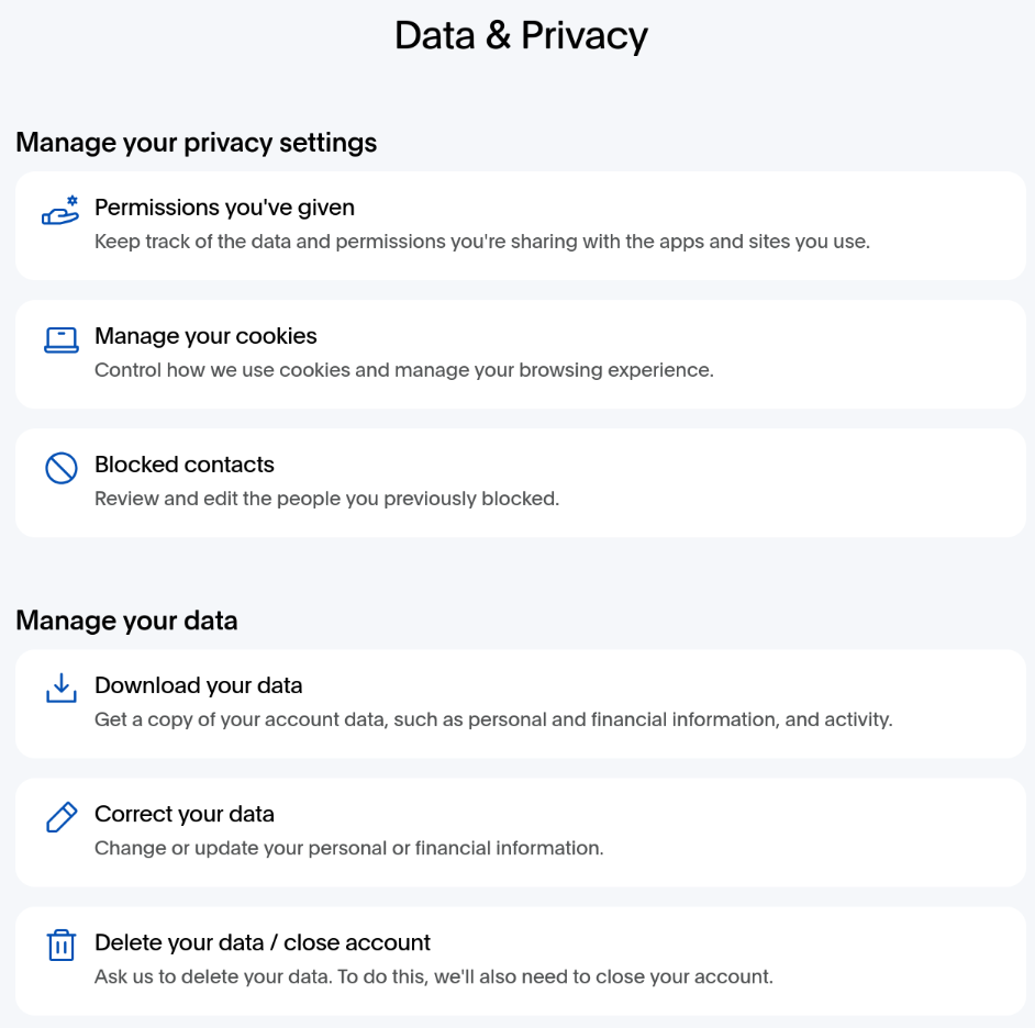 screen shot of paypal data and privacy settings