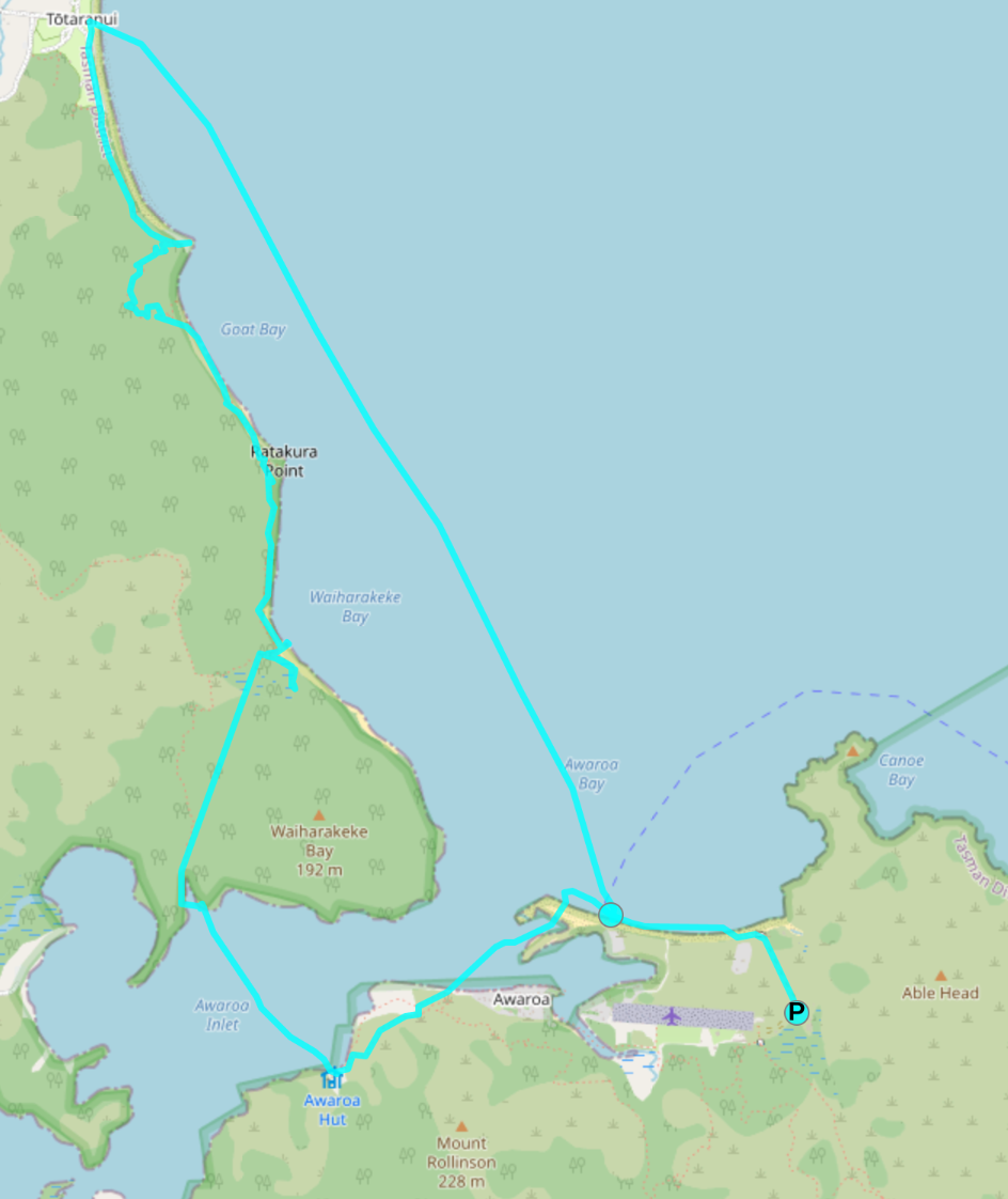 map with line on it showing water taxi up to Tōtaranui then back to lodge including walking/wading over the inlet