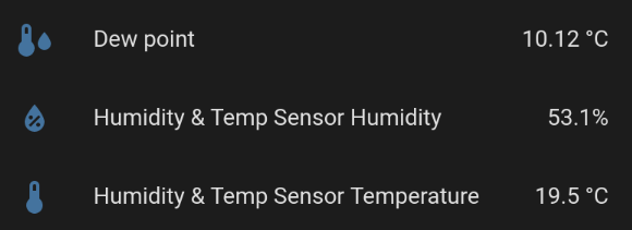 screen shot of dew point, humidity, and temparature in home assistant