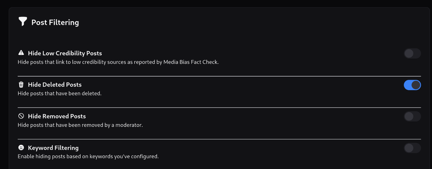 screenshot of settings page in tesseract frontend that shows option to hide posts based on keywords, along with other options: hiding low credibility posts, hiding deleted (by user) posts, and hiding removed (by moderator) posts