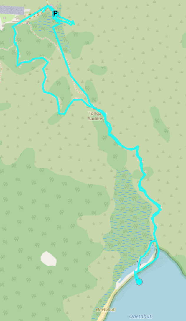 map with line on it showing walk from lodge to Onetahuti beach