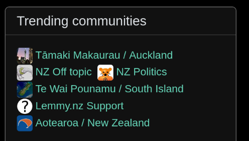 image of lemmy.nz trending communities, showing all one one line each, left aligned with an icon, except NZ Politics which is on the same line as NZ Off Topic