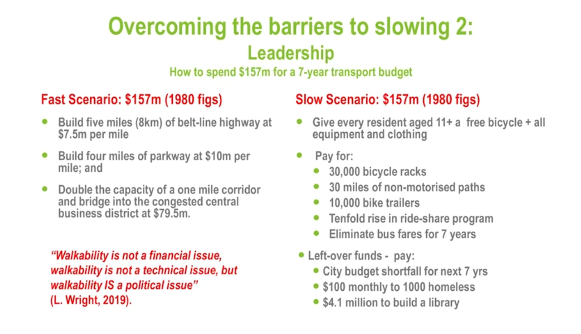 Image of a side from the presentation linked above comparing the cost of car infrastructure versus other infrastructure. It's too full of text for an alt text so I recommend watching the presentation